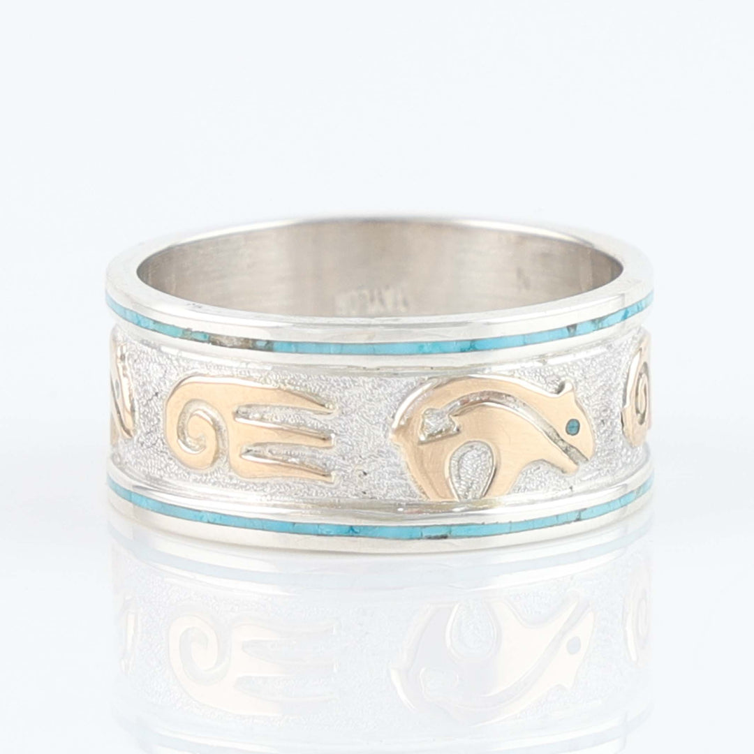 Navajo Gold Overlay Bear Ring with Turquoise
