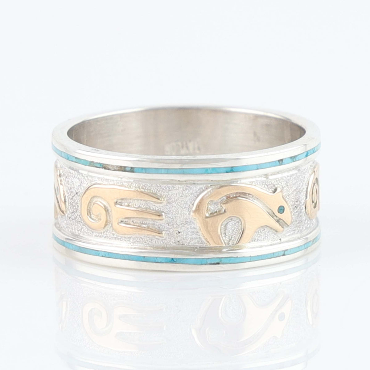 Navajo Gold Overlay Bear Ring with Turquoise by Robert Taylor
