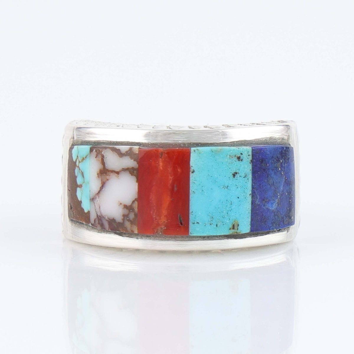 Navajo Turquoise, Wild Horse and Coral Inlay Ring by Stewart Yellowhorse