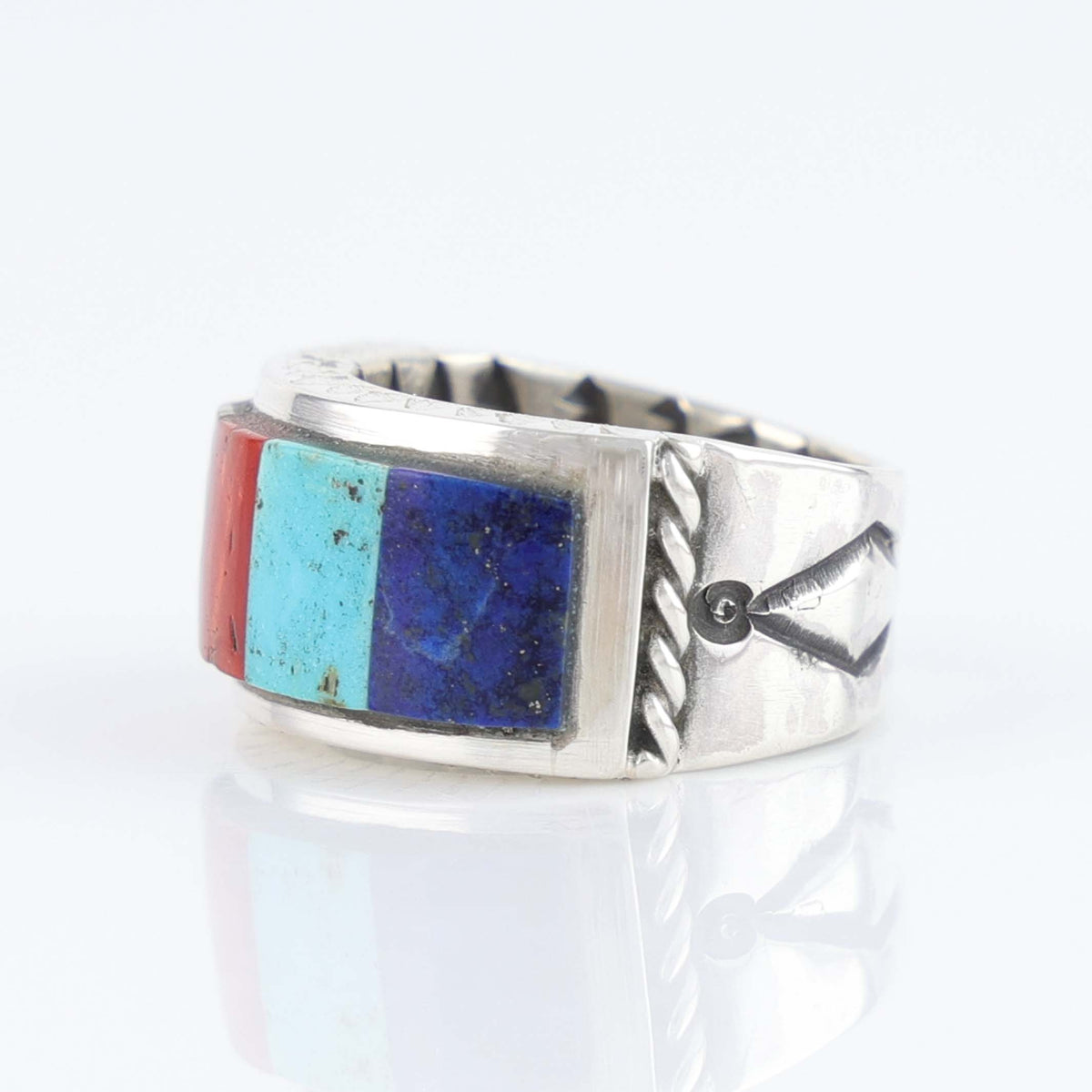 Navajo Turquoise, Wild Horse and Coral Inlay Ring by Stewart Yellowhorse