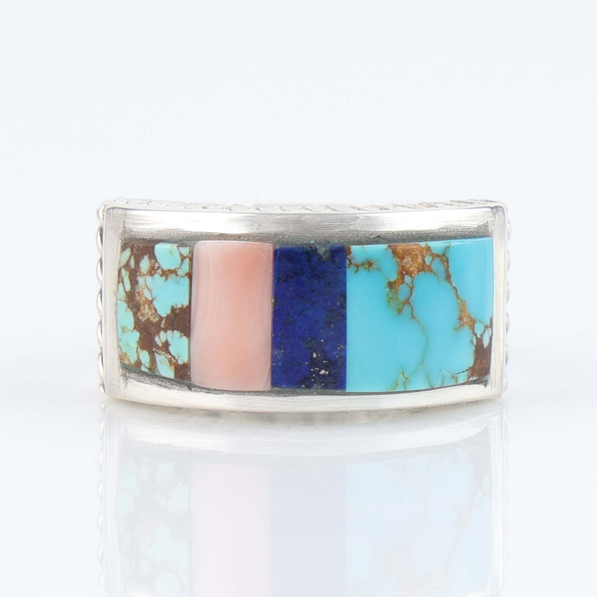 Navajo Turquoise, Coral and Lapis Inlay Ring by Stewart Yellowhorse