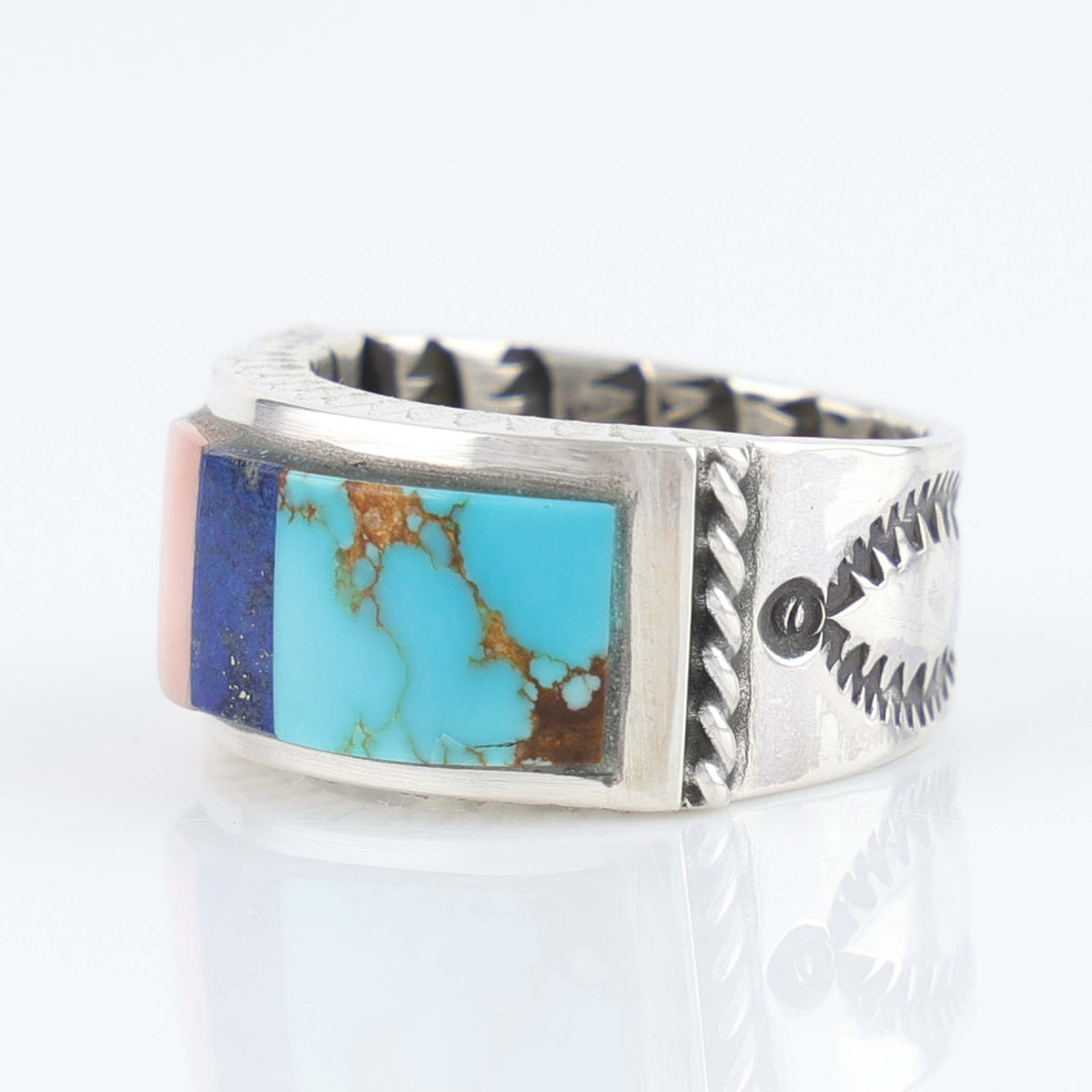 Navajo Turquoise, Coral and Lapis Inlay Ring by Stewart Yellowhorse