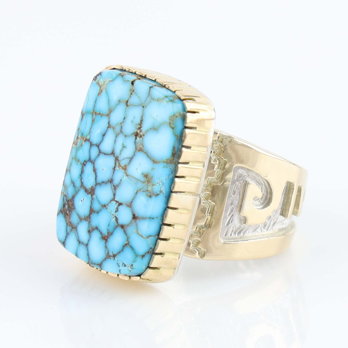 Wichita Kingman Spiderweb Turquoise and Gold Ring by Dina Huntinghorse