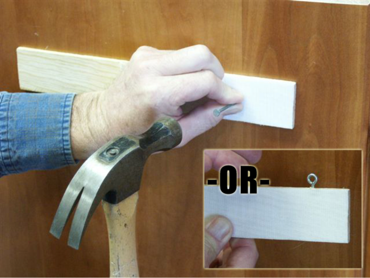 Hand nailing a Velcro-covered wood strip to a wall, with an inset showing an eye hook alternative