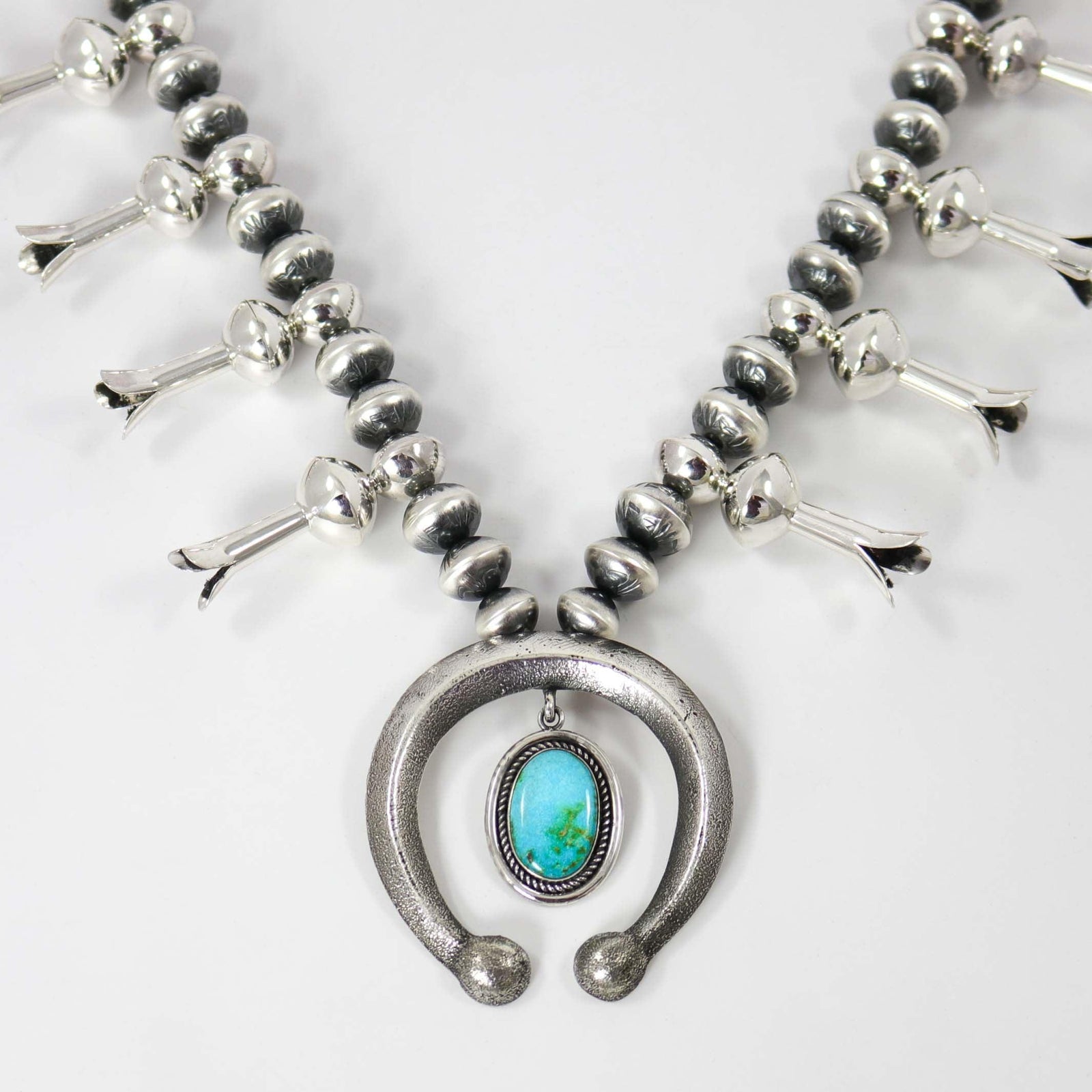 Kingman Turquoise Squash Blossom Necklace by Benjamin and Ruby Haley - Garland's