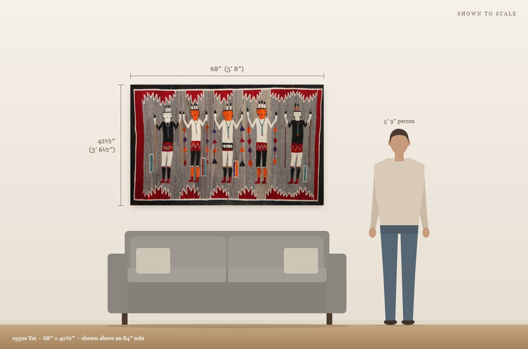 Scale view: 1930s Yei (68″ × 42½″) shown on a wall above an 84″ sofa next to a 5′9″ person