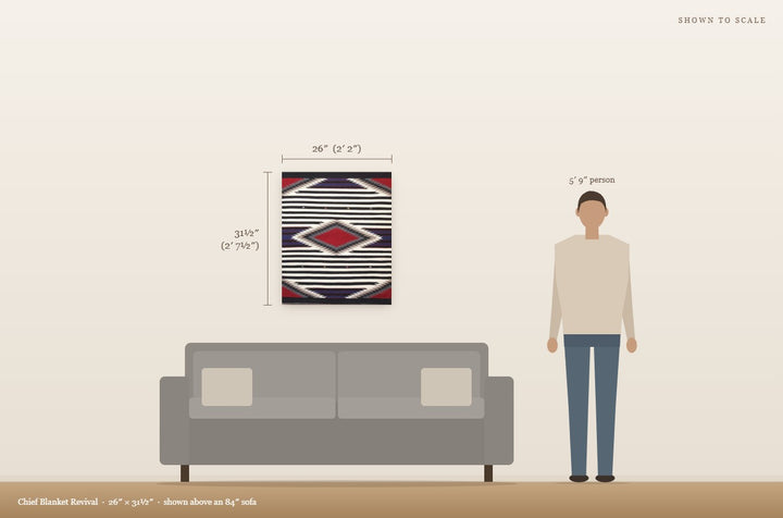 Scale view: Chief Blanket Revival (26″ × 31½″) shown on a wall above an 84″ sofa next to a 5′9″ person