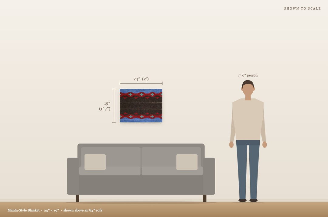 Scale view: Manta-Style Blanket (24″ × 19″) shown on a wall above an 84″ sofa next to a 5′9″ person