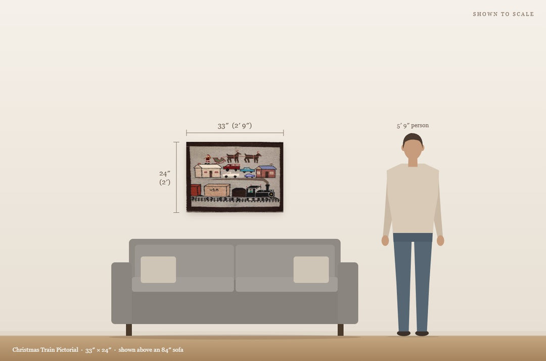 Scale view: Christmas Train Pictorial (33″ × 24″) shown on a wall above an 84″ sofa next to a 5′9″ person