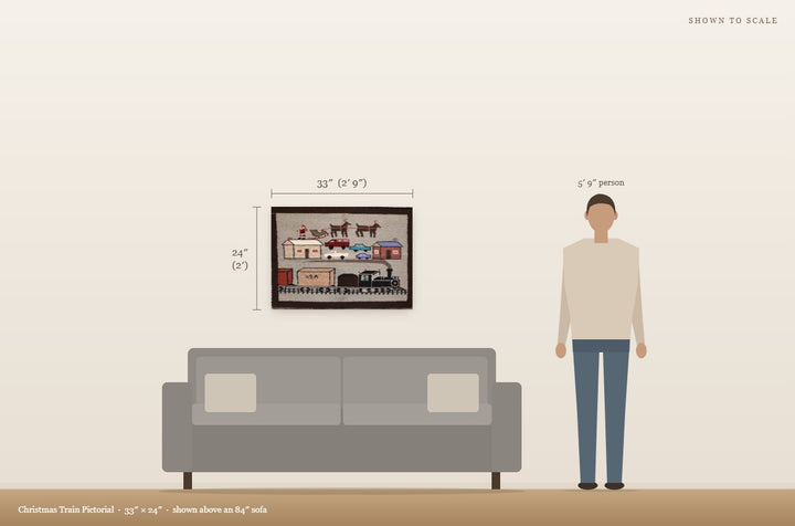 Scale view: Christmas Train Pictorial (33″ × 24″) shown on a wall above an 84″ sofa next to a 5′9″ person