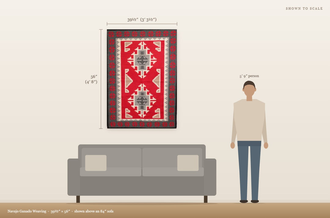 Scale view: Navajo Ganado Weaving (39½″ × 56″) shown on a wall above an 84″ sofa next to a 5′9″ person