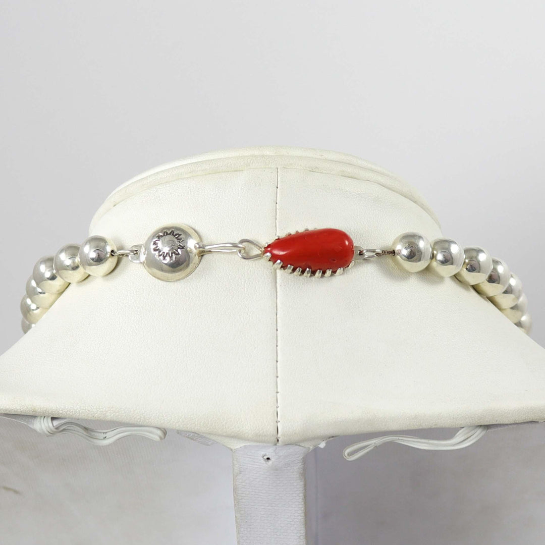 Silver Bead and Coral Necklace by Debbie Silversmith - Garland's