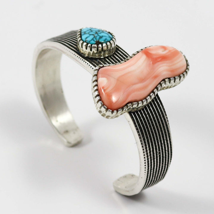 Turquoise and Coral Cuff by Alvin Yellowhorse - Garland's