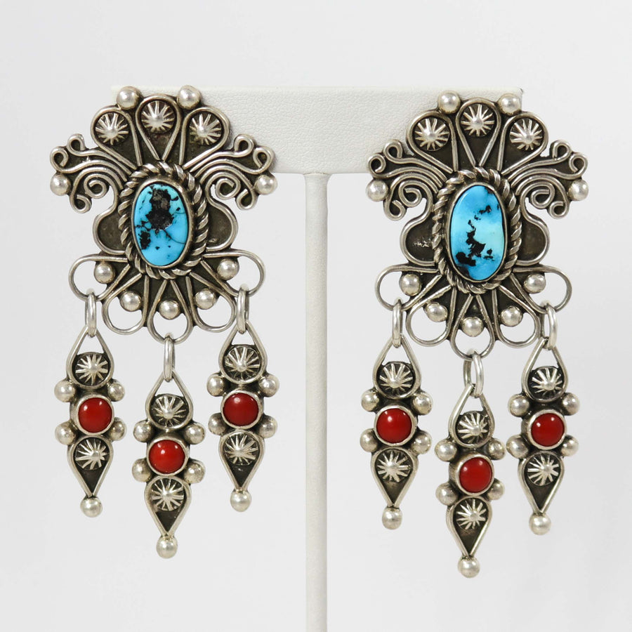 Turquoise and Coral Earrings by Wade Henderson - Garland's