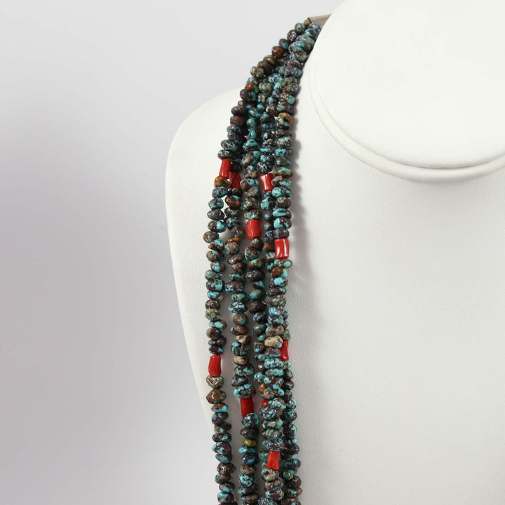 Turquoise and Coral Necklace by Joe and Mary Calabaza - Garland's