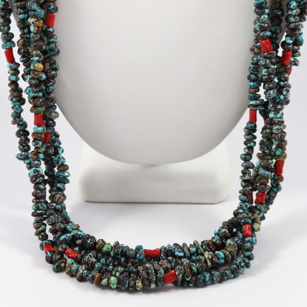 Turquoise and Coral Necklace by Joe and Mary Calabaza - Garland's