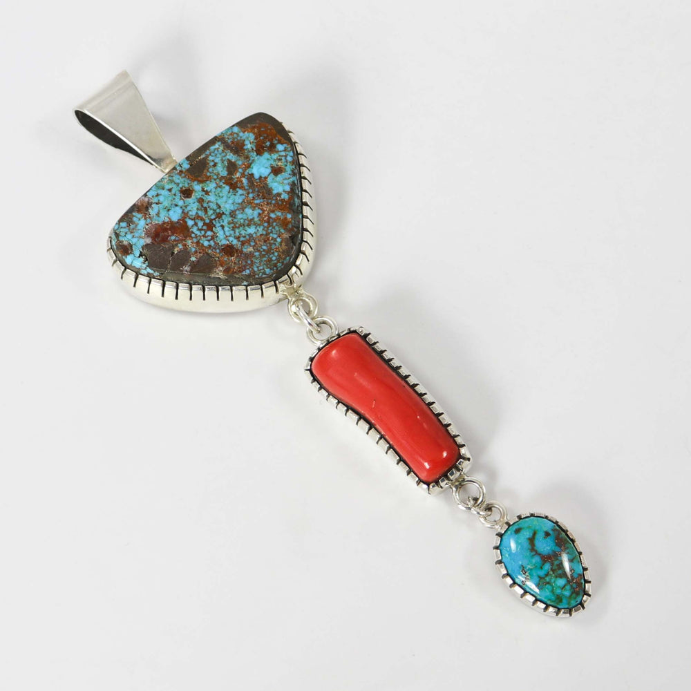 Turquoise and Coral Pendant by Kee Yazzie - Garland's
