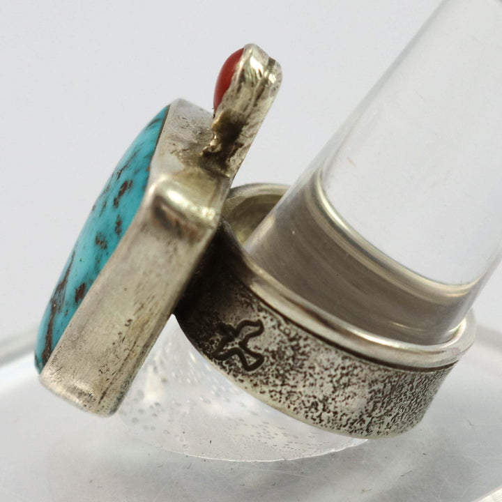 Kingman Turquoise and Coral Ring by Joel Pajarito - Garland's